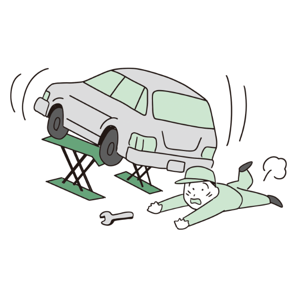 リフトで上げた自動車が落下し、従業員が下敷きになり後遺障害が生じた。